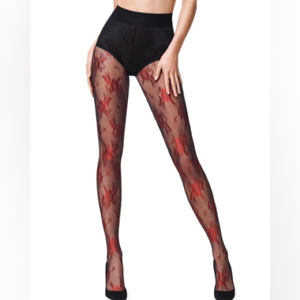 Wolford Lea Tights - Black Red Lace - M